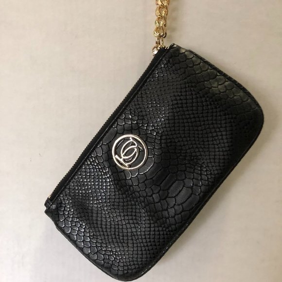 Bebe Black Faux Leather Gold Chain Wristlet - Picture 1 of 5